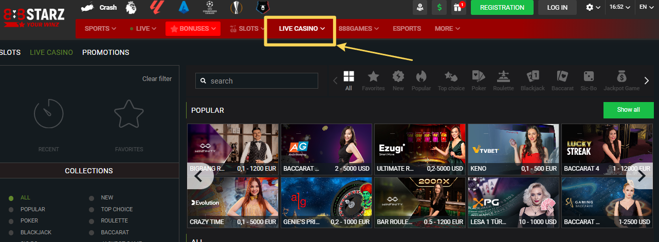 live casino 888 starz